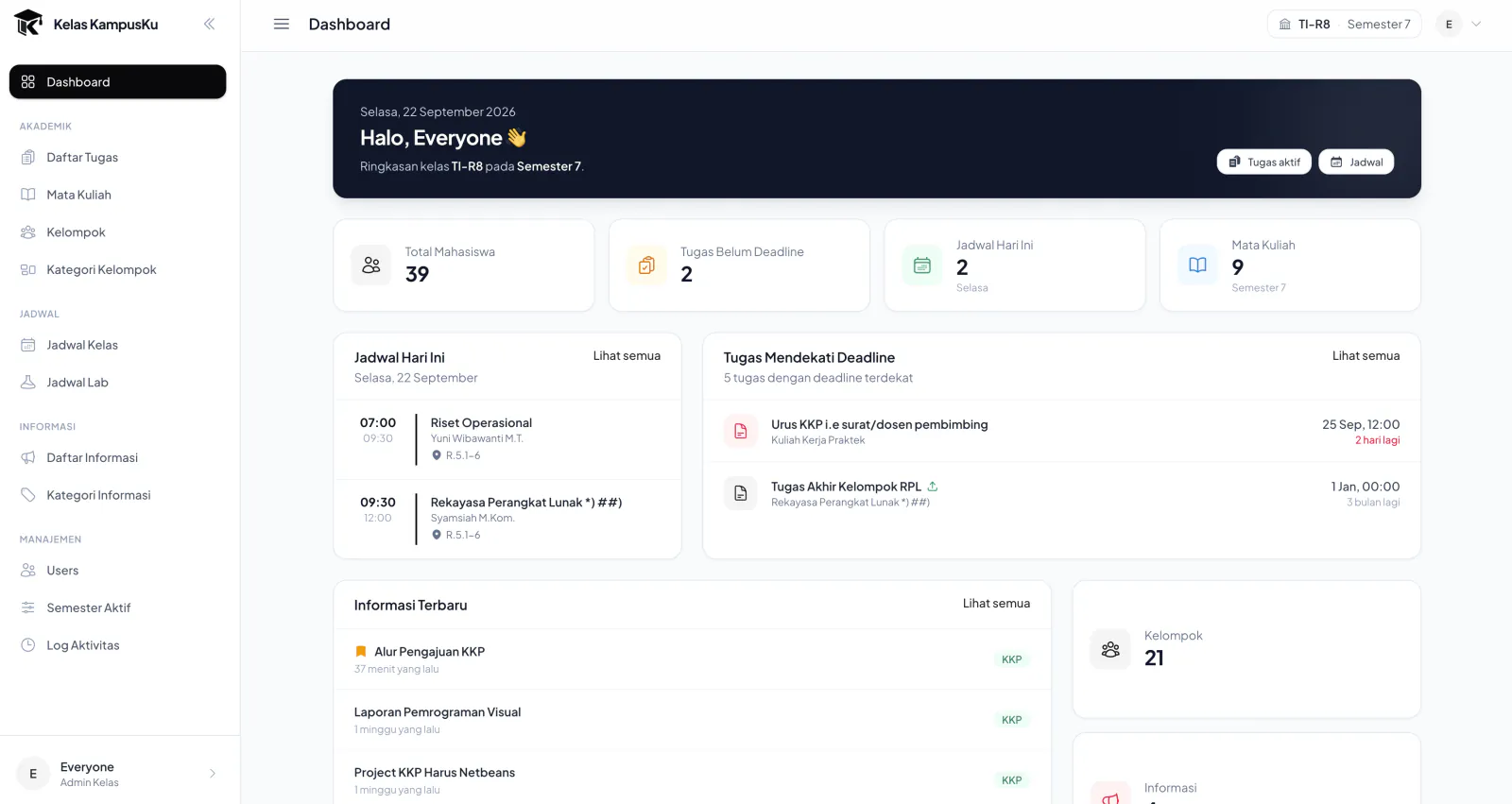 Dashboard kelas: jadwal hari ini, tugas mendekati deadline, dan informasi terbaru
